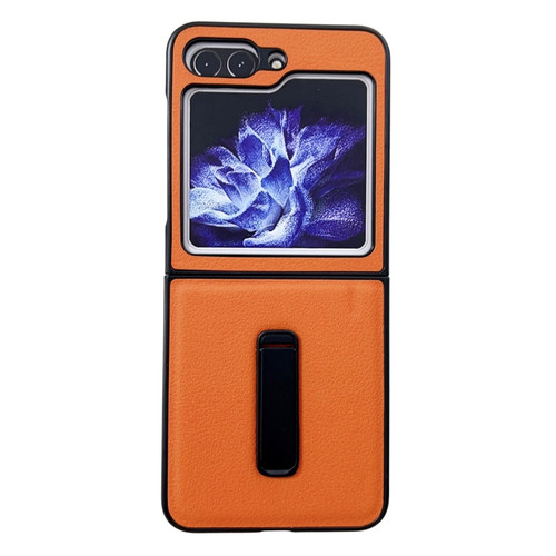 Samsung Galaxy Z Flip5 Litchi Texture PU Phone Case with Holder - Orange