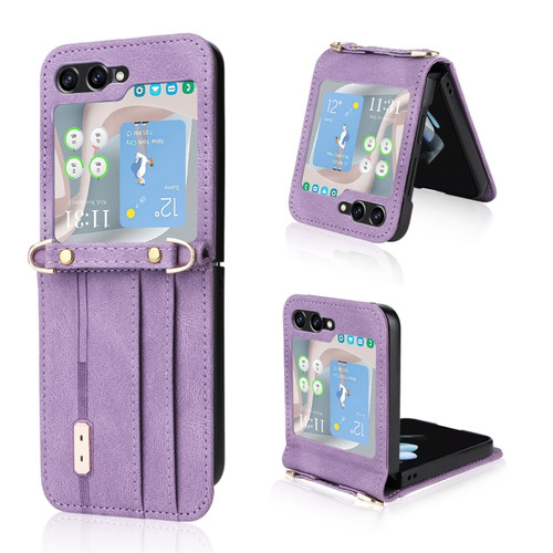 Samsung Galaxy Z Flip5 5G Crossbody Siamese Leather Phone Case with Lanyard - Purple