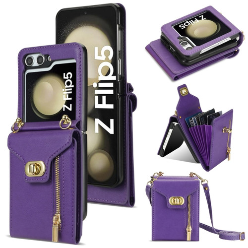 Samsung Galaxy Z Flip5 Zipper Card Slots Folding Phone Case with Long Lanyard - Purple