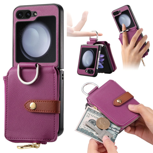 Samsung Galaxy Z Flip5 5G Vertical Flip Zipper Wallet Ring Leather Phone Case - Purple