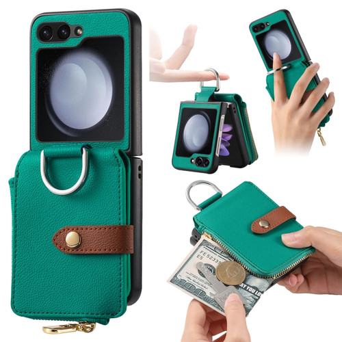 Samsung Galaxy Z Flip5 5G Vertical Flip Zipper Wallet Ring Leather Phone Case - Green