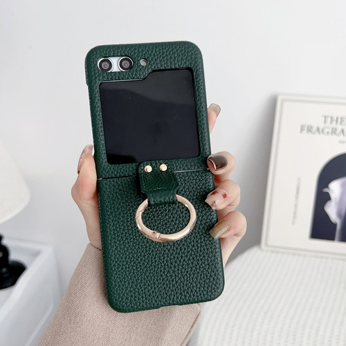 Samsung Galaxy Z Flip5 5G Litchi Leather Ring Shockproof Phone Case - Green