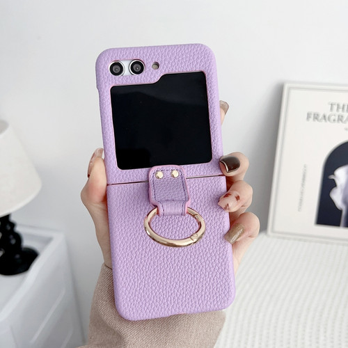 Samsung Galaxy Z Flip5 5G Litchi Leather Ring Shockproof Phone Case - Purple