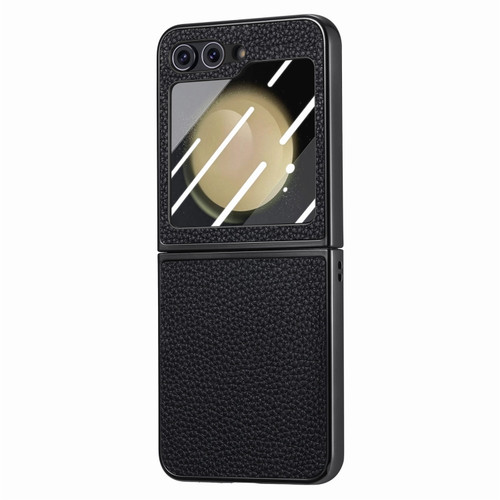 Samsung Galaxy Z Flip5 5G Electroplated Back Screen Integrated Litchi Texture Phone Case - Black