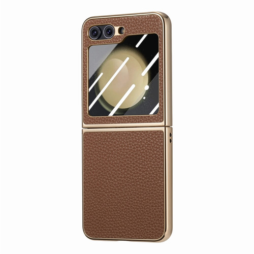 Samsung Galaxy Z Flip5 5G Electroplated Back Screen Integrated Litchi Texture Phone Case - Brown