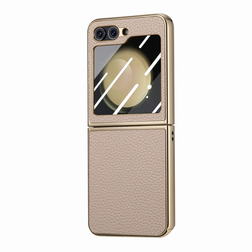 Samsung Galaxy Z Flip5 5G Electroplated Back Screen Integrated Litchi Texture Phone Case - Khaki