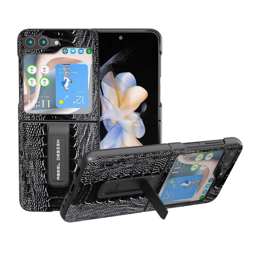 Samsung Galaxy Z Flip5 ABEEL Genuine Leather Weilai Series Phone Case with Holder - Black