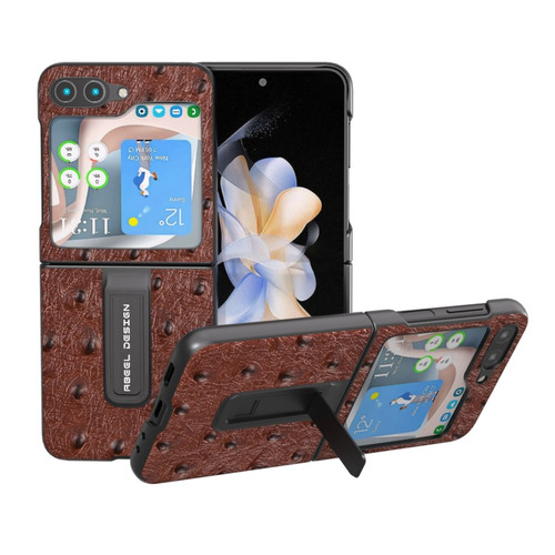 Samsung Galaxy Z Flip5 ABEEL Genuine Leather Ostrich Texture Phone Case with Holder - Coffee