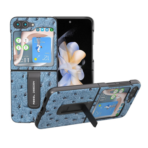 Samsung Galaxy Z Flip5 ABEEL Genuine Leather Ostrich Texture Phone Case with Holder - Blue