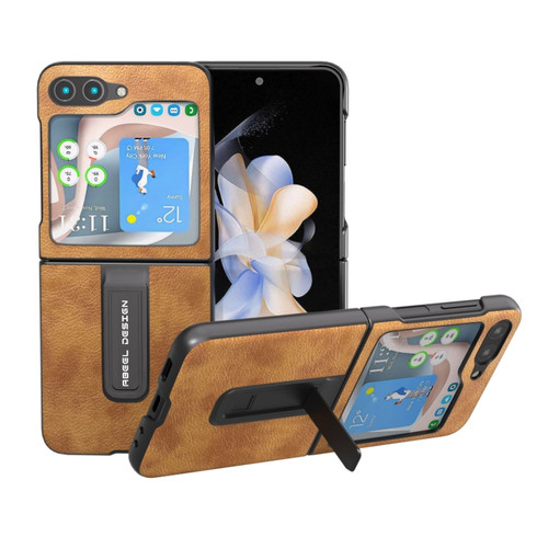 Samsung Galaxy Z Flip5 ABEEL Retro Litchi Texture PU Phone Case with Holder - Brown