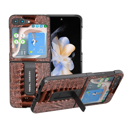 Samsung Galaxy Z Flip5 ABEEL Genuine Leather Weilai Series Phone Case with Holder - Coffee