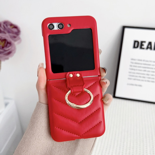 Samsung Galaxy Z Flip5 5G V-shaped Pattern Leather Ring Holder Shockproof Phone Case - Red