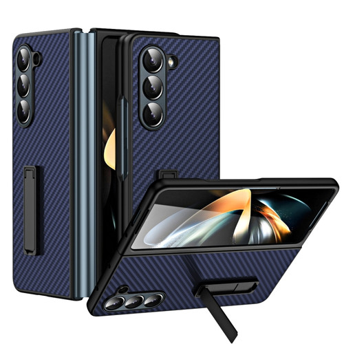 Samsung Galaxy Z Fold5 Composite Carbon Fiber Pattern Phone Case With Holder - Blue