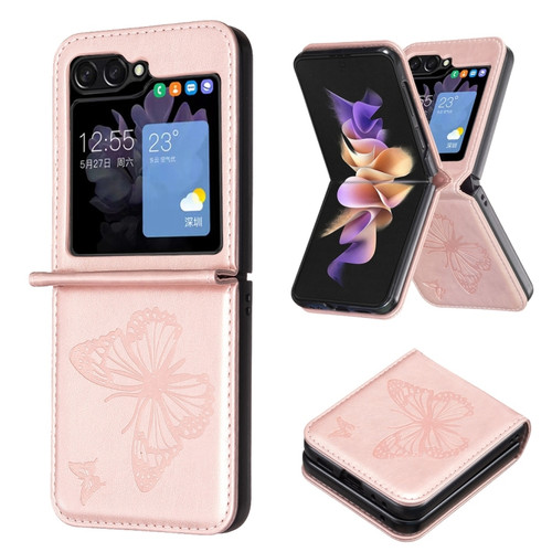 Samsung Galaxy Z Flip5 Embossing Two Butterflies Leather Phone Case - Rose Gold