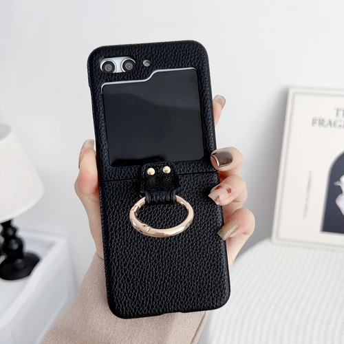 Samsung Galaxy Z Flip5 5G Litchi Leather Ring Shockproof Phone Case - Black