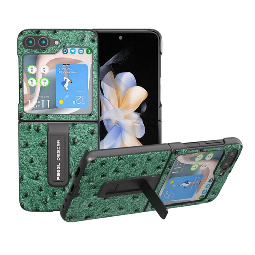 Samsung Galaxy Z Flip5 ABEEL Genuine Leather Ostrich Texture Phone Case with Holder - Green