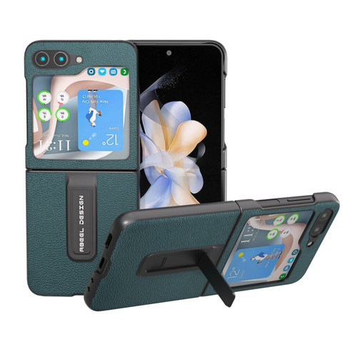 Samsung Galaxy Z Flip5 ABEEL Genuine Leather Luolai Series Phone Case with Holder - Dark Green