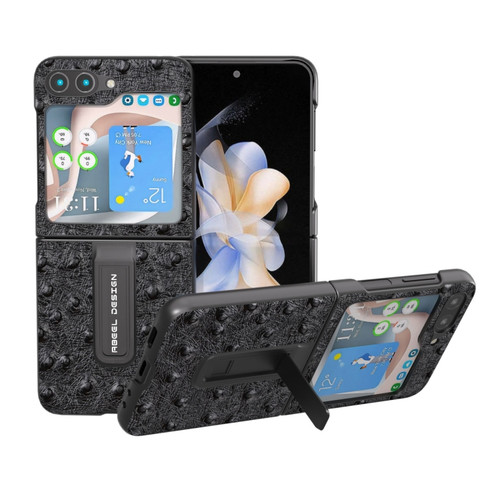 Samsung Galaxy Z Flip5 ABEEL Genuine Leather Ostrich Texture Phone Case with Holder - Black