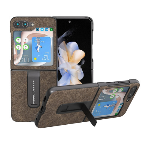 Samsung Galaxy Z Flip5 ABEEL Dream Litchi Texture PU Phone Case with Holder - Khaki