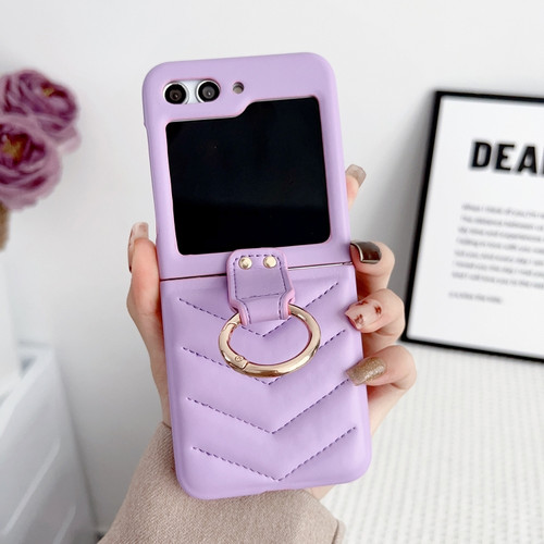 Samsung Galaxy Z Flip5 5G V-shaped Pattern Leather Ring Holder Shockproof Phone Case - Purple