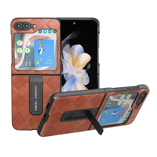 Samsung Galaxy Z Flip5 ABEEL Weave Plaid PU Phone Case with Holder - Brown