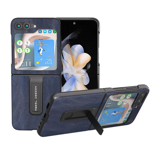 Samsung Galaxy Z Flip5 ABEEL Cowhide Texture PU Phone Case with Holder - Blue