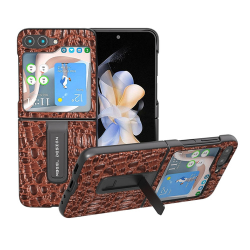 Samsung Galaxy Z Flip5 ABEEL Genuine Leather Sky Series Phone Case with Holder - Brown