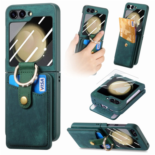 Samsung Galaxy Z Flip5 5G Integrated Magnetic Card Wallet Diamond-encrusted Ring Phone Case - Green
