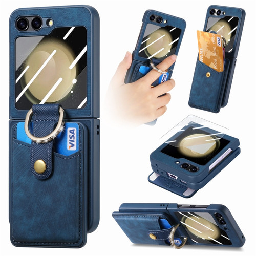 Samsung Galaxy Z Flip5 5G Integrated Magnetic Card Wallet Diamond-encrusted Ring Phone Case - Blue