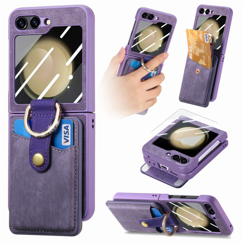 Samsung Galaxy Z Flip5 5G Integrated Magnetic Card Wallet Diamond-encrusted Ring Phone Case - Purple
