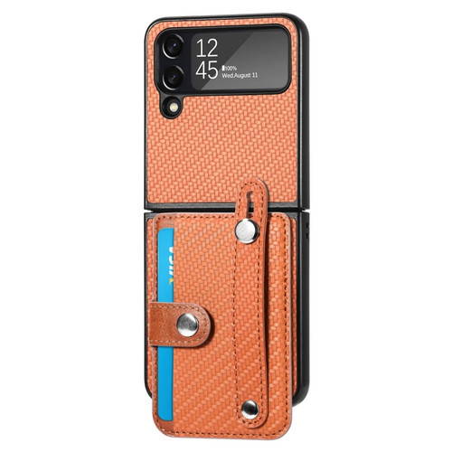 Samsung Galaxy Z Flip 5G Wristband Kickstand Card Wallet Back Cover Phone Case - Brown