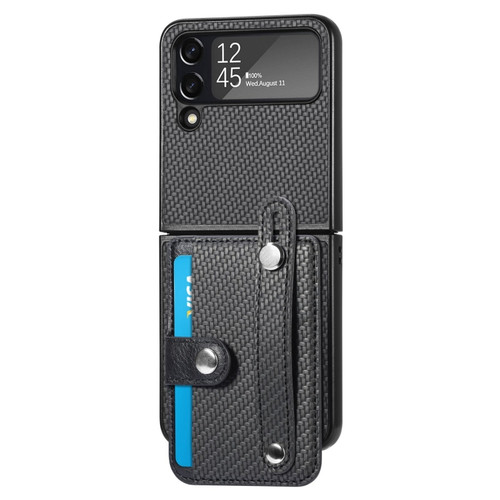 Samsung Galaxy Z Flip 5G Wristband Kickstand Card Wallet Back Cover Phone Case - Black