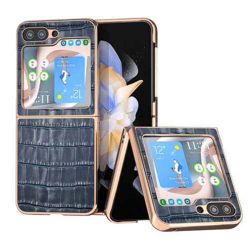 Samsung Galaxy Z Flip5 Crocodile Texture Genuine Leather Electroplating Phone Case - Blue