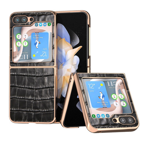 Samsung Galaxy Z Flip5 Crocodile Texture Genuine Leather Electroplating Phone Case - Black