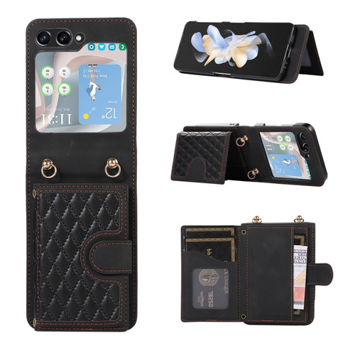 Samsung Galaxy Z Flip5 Card Slot Diamond Lattice Folding Leather Phone Case - Black