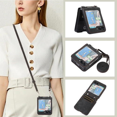 Samsung Galaxy Z Flip5 Horizontal Flip Leather Phone Case with Long Lanyard - Black