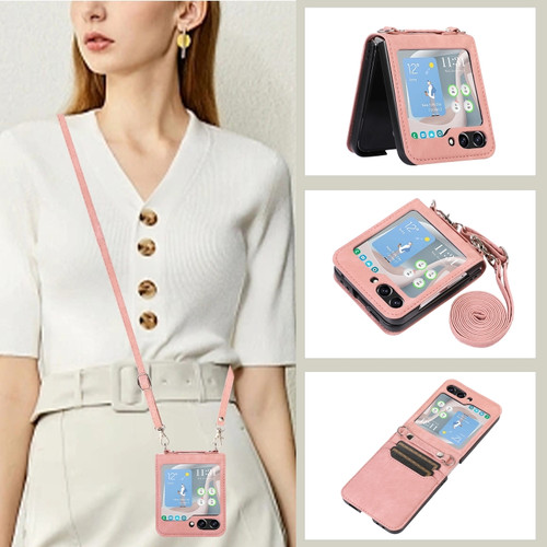 Samsung Galaxy Z Flip5 Horizontal Flip Leather Phone Case with Long Lanyard - Pink