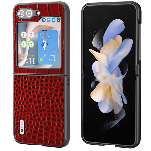 Samsung Galaxy Z Flip5 ABEEL Genuine Leather Crocodile Pattern Black Edge Phone Case - Red