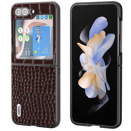 Samsung Galaxy Z Flip5 ABEEL Genuine Leather Crocodile Pattern Black Edge Phone Case - Coffee