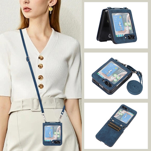 Samsung Galaxy Z Flip5 Horizontal Flip Leather Phone Case with Long Lanyard - Blue
