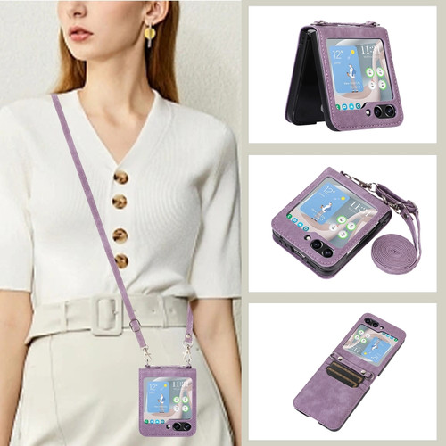 Samsung Galaxy Z Flip5 Horizontal Flip Leather Phone Case with Long Lanyard - Purple