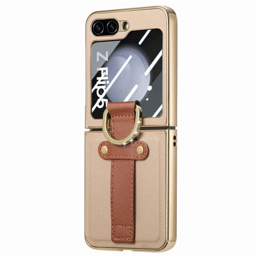 Samsung Galaxy Z Flip5 5G Brilliant Plating PC Back Screen Integrated Ring Phone Case - Khaki