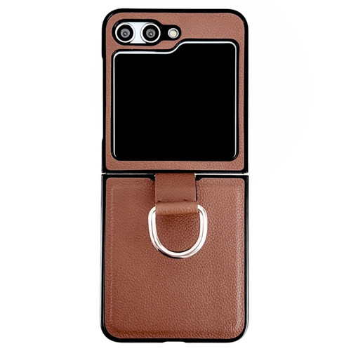 Samsung Galaxy Z Flip5 Solid Color Litchi Leather Texture Protective Phone Case with Ring - Brown