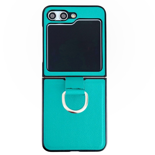 Samsung Galaxy Z Flip5 Solid Color Litchi Leather Texture Protective Phone Case with Ring - Green