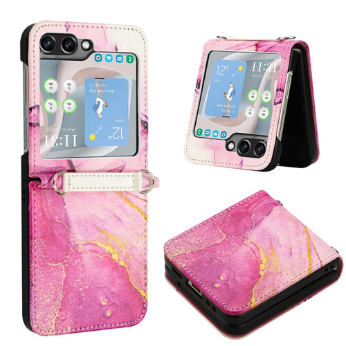 Samsung Galaxy Z Flip5 PT003 Marble Pattern Flip Leather Phone Case - Pink Purple Gold LS001
