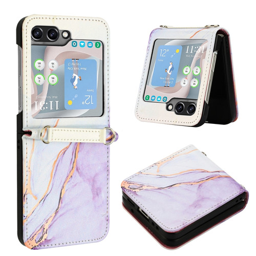 Samsung Galaxy Z Flip5 PT003 Marble Pattern Flip Leather Phone Case - White Purple LS006