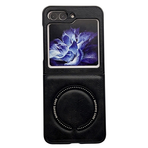 Samsung Galaxy Z Flip5 Crazy Horse Texture Magnetic Magsafe PU Phone Case - Black