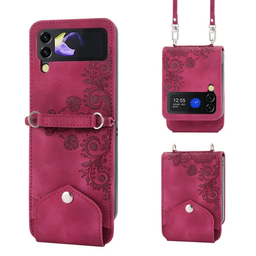 Samsung Galaxy Z Flip5 Skin Feel Flowers Embossed Wallet Leather Phone Case - Wine Red