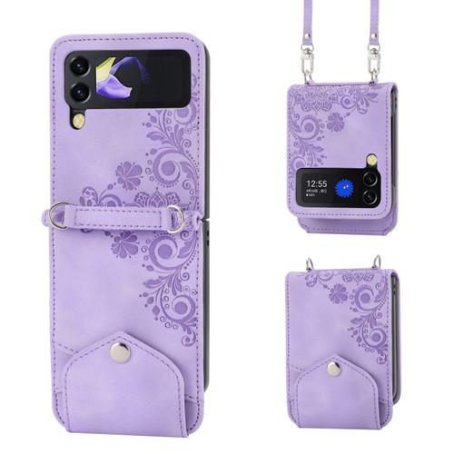Samsung Galaxy Z Flip5 Skin Feel Flowers Embossed Wallet Leather Phone Case - Purple