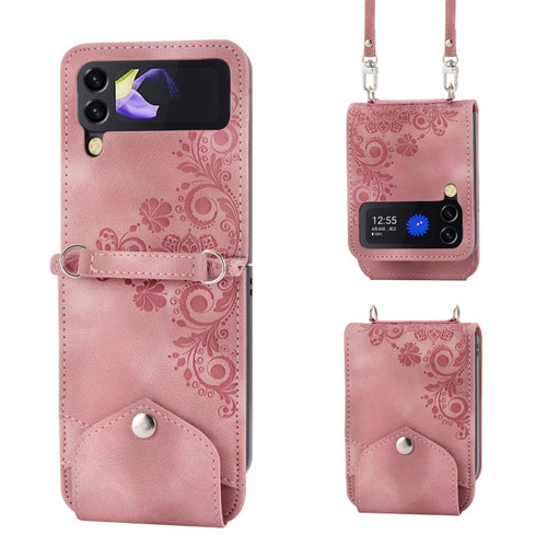 Samsung Galaxy Z Flip5 Skin Feel Flowers Embossed Wallet Leather Phone Case - Pink